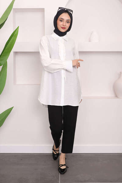 İmajButik Μπροστινό μανίκι κρεμ λεπτομερές πουκάμισο