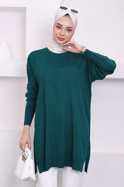 İmajButik Emerald Green Crew Neck Mercerized Casual Knitwear τουνίκ
