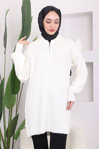 İmajButik Ecru Zippered Şardon Knitwear Tunik