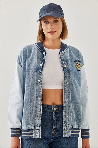 Bianco Lucci Damen-Jeansjacke in Übergröße mit Stickerei und Stickerei 85001044