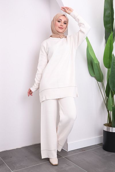 İmajButik Σετ πλεκτό τουνίκ με κρεμ παντελόνι
