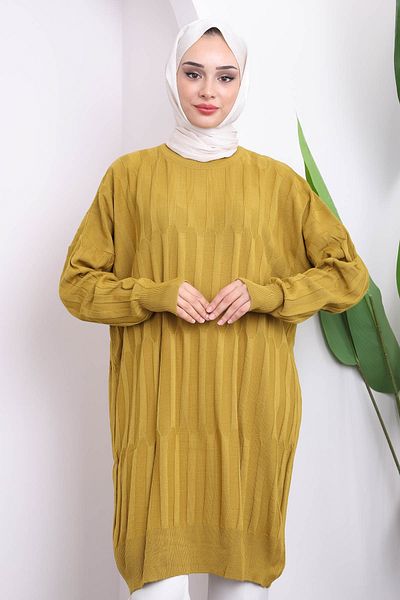İmajButik Oil Green Crew Neck Mercerized Casual Knitwear Tunic