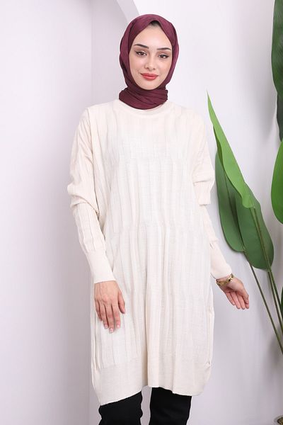 İmajButik Κρεμ Crew Neck Mercerized Casual Knitwear Tunic