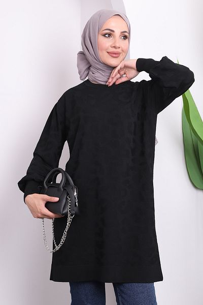 İmajButik Black Self Patterned Cold Thread Knitwear Tunic