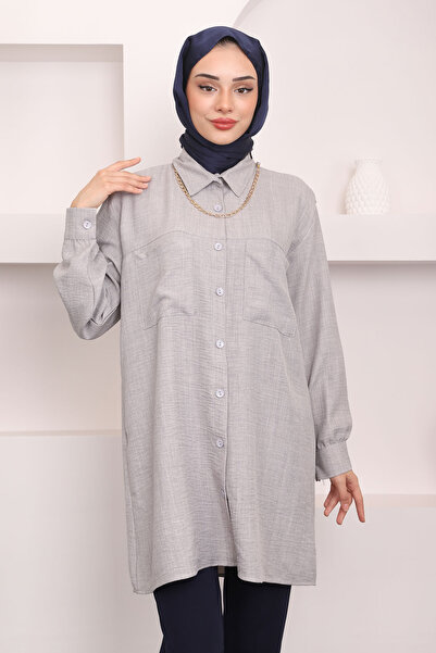 İmajButik Gri Yaka Bronşlu Omuz Piliseli Gömlek