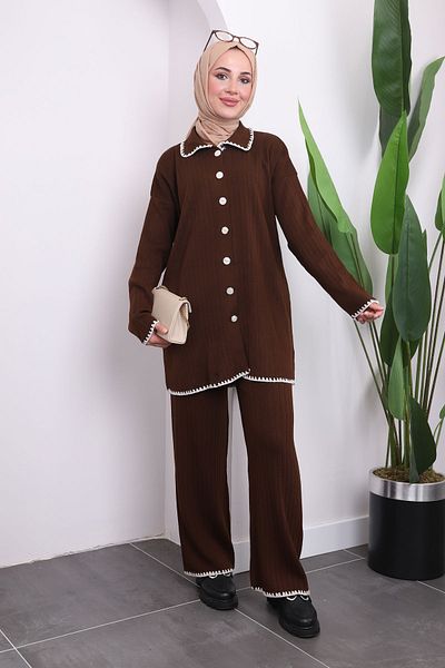 İmajButik Σετ ζακέτα και παντελόνι με ραβδώσεις καφέ πλεκτό