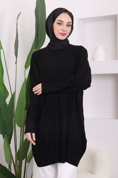 İmajButik Black Crew Neck Mercerized Casual Knitwear Tunik