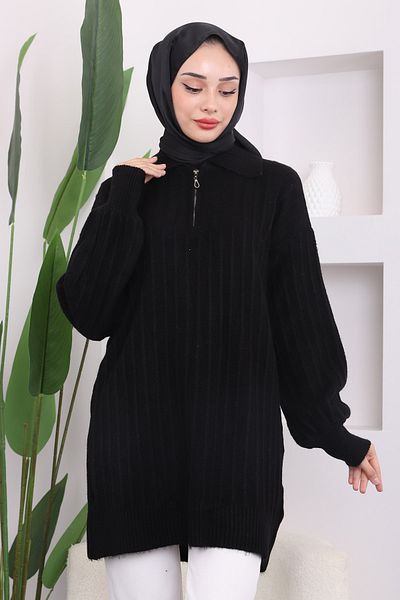 İmajButik Black Zippered Şardon Knitwear Tunik