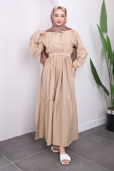 İmajButik Λινό Φόρεμα - Χρώμα Βιζόν, Σχέδιο με κορδόνι στη μέση