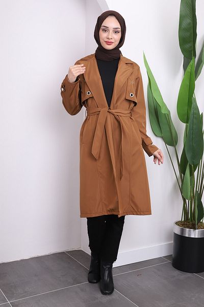 İmajButik Καμπαρντίνα καφέ με ζώνη μέσης