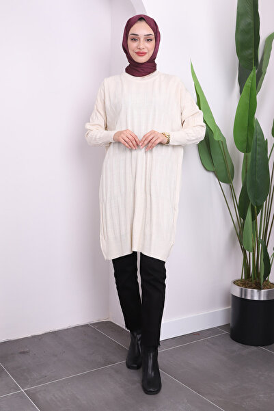 İmajButik Krem Bisiklet Yaka Merserize Salaş Triko Tunik