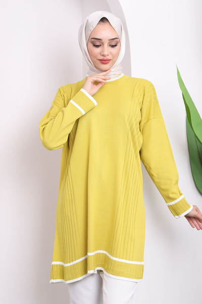 İmajButik Fıstık Yeşili Bisiklet Yaka Merserize Salaş Triko Tunik