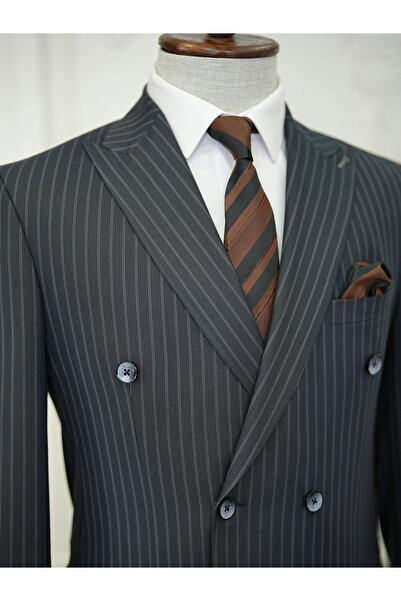 LONATOLİA Erkek Premium Çizgili Kruvaze Takım Elbise İtalyan Stil Slim Fit Ceket Pantolon