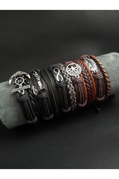 BSN Store 10Pcs Mixed Genuine Leather Bracelet Charm Men's Leather Bracelet