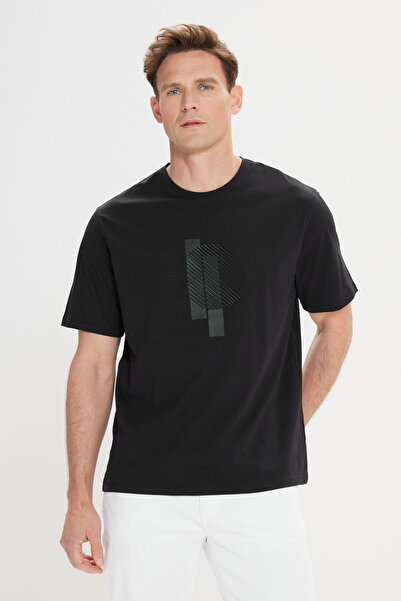 ALTINYILDIZ CLASSICS Ανδρικό μπλουζάκι με μαύρη μοντέρνα εφαρμογή, χαλαρή εφαρμογή από 100% βαμβάκι με στάμπα με λαιμόκοψη