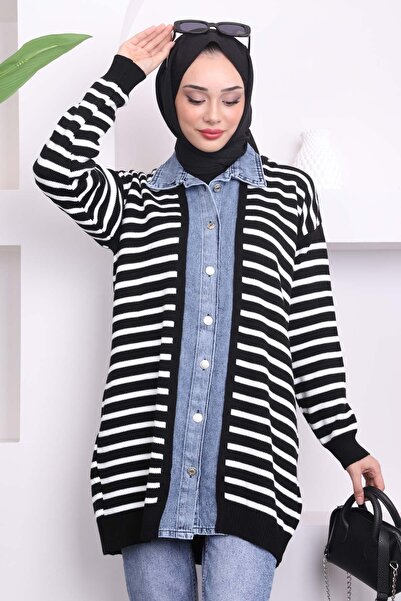 İmajButik Μαύρη τζιν Λεπτομερής πλεκτή ζακέτα με κουμπιά