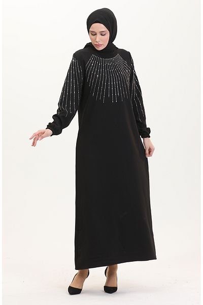 sefamerve Schwarzes Abendkleid mit Steindetails – 0521-02