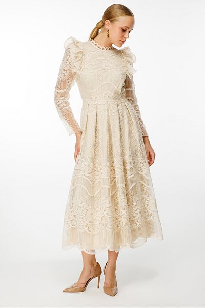 Nefeli Stripe Sleeve Lace Detail Maxi Length Long Sleeve Dress