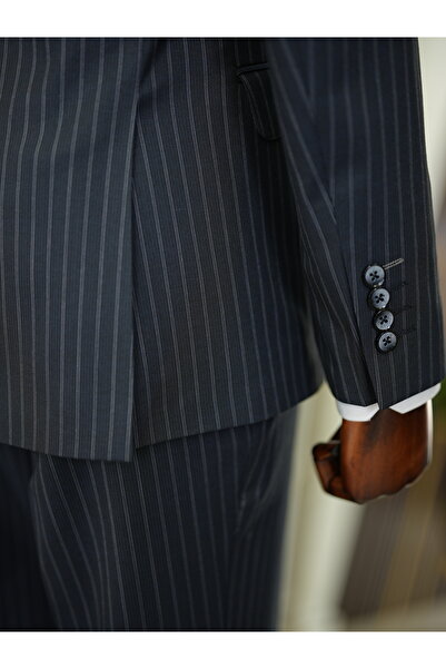 LONATOLİA Erkek Premium Çizgili Kruvaze Takım Elbise İtalyan Stil Slim Fit Ceket Pantolon