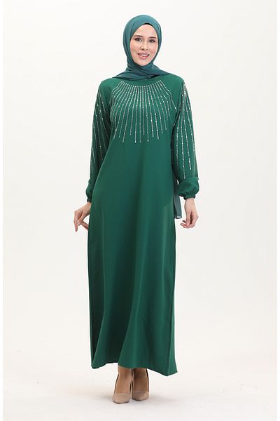 sefamerve Smaragdgrünes Abendkleid mit Steindetails – 0521-05