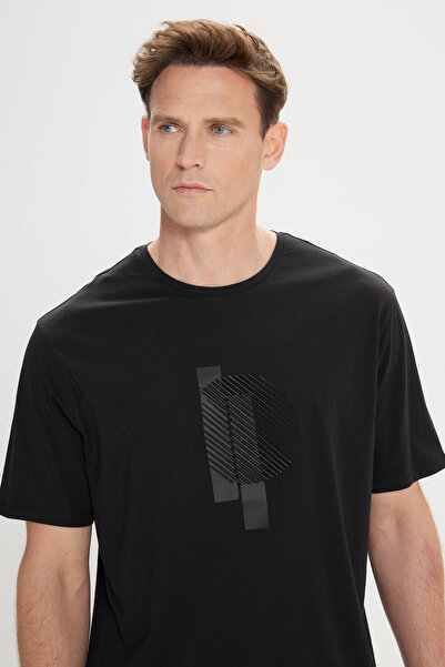 ALTINYILDIZ CLASSICS Ανδρικό μπλουζάκι με μαύρη μοντέρνα εφαρμογή, χαλαρή εφαρμογή από 100% βαμβάκι με στάμπα με λαιμόκοψη