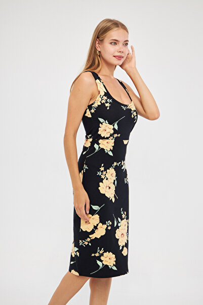ESPİNA Women's U Neck Mistress Printed 2 Yarn Midi Length Dress