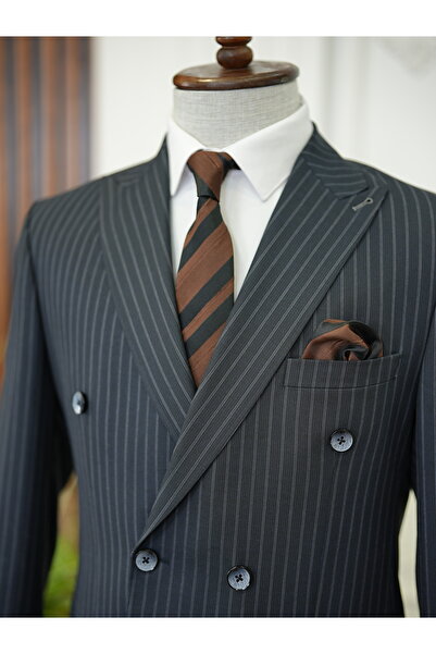 LONATOLİA Erkek Premium Çizgili Kruvaze Takım Elbise İtalyan Stil Slim Fit Ceket Pantolon