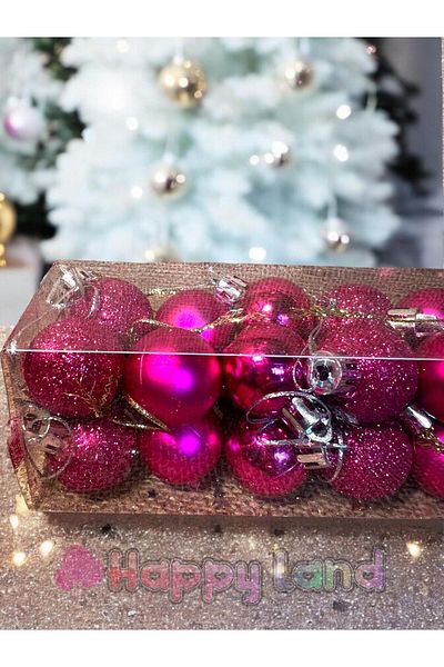 Happyland 3cm Fuchsia Christmas Balls - 24 Pcs Pine Tree Ornament with Acetate Box