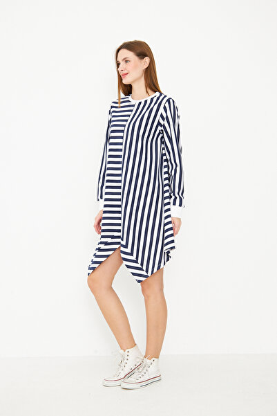 ESPİNA Kadın Eteği Asimetrik Çizgili Bisiklet Yaka Mini Boy Elbise