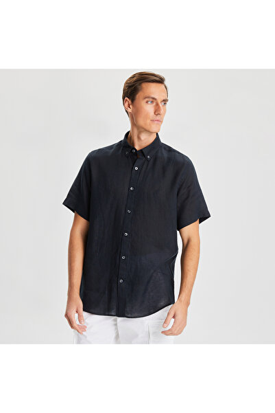 Nautica Erkek Siyah Classic Fit Kısa Kollu Keten Gömlek