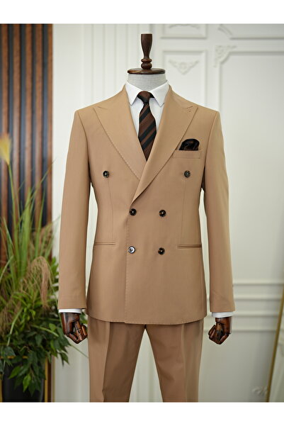 LONATOLİA Erkek Premium Punto Dikişli Kruvaze Takım Elbise İtalyan Stil Slim Fit Ceket Pantolon
