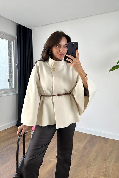 BİRCANÇİL Solna Ecru Button Detailed Poncho Coat