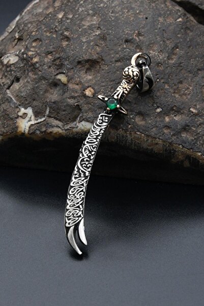 Prestige Hz. Ali ( Zülfikar Kılıcı ) Figürlü Kolye Ucu 925 Ayar Gümüş Yeşil Z...