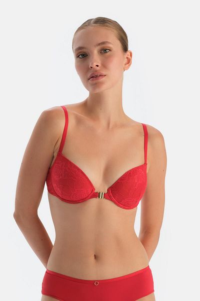 Dagi Red Back Accessory Detailed Front Openable Lace Semi-Padded Bra