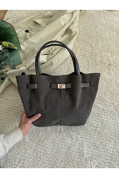 ELFCO Women's Anthracite Suede Leather Hand and Shoulder Bag