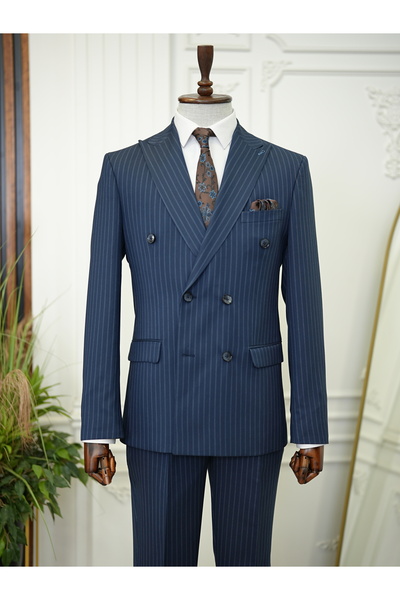 LONATOLİA Erkek Premium Çizgili Kruvaze Takım Elbise İtalyan Stil Slim Fit Ce...