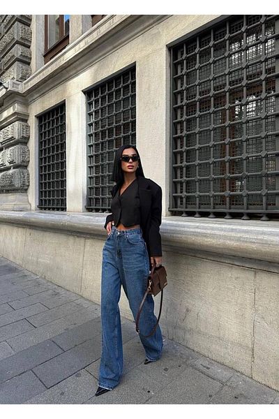 HLT JEANS Blugi largi albastru închis cu talie înaltă - Pantaloni din denim cu croiala relaxată fără Lycra SCARLET-2190