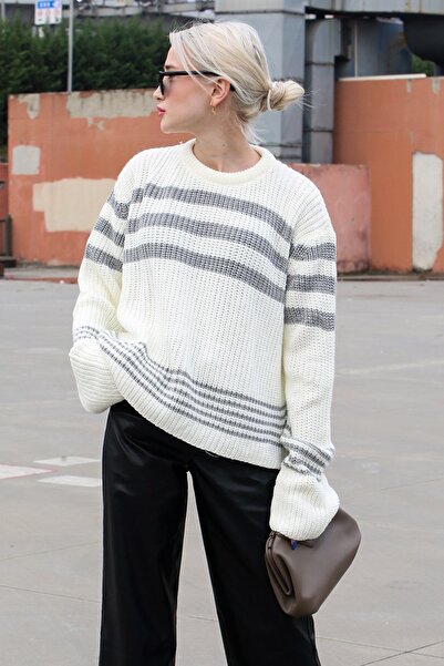 Madmext Bone Color Striped Knitwear Sweater Mg1585