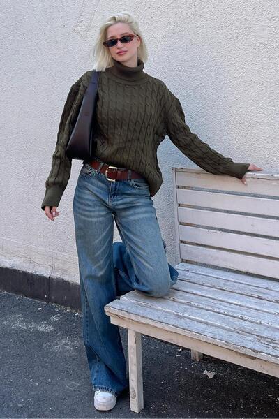 Madmext Yeşil Balıkçı Yaka Dokulu Kadın Kazak MG2197