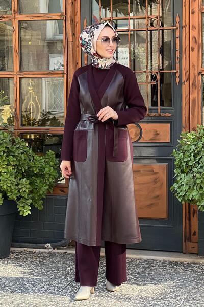 MISS DALIDA MİSS DALİDA Önü Deri Kuşaklı Uzun Ceket T25K-8011 Bordo