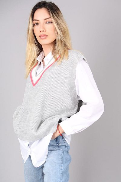 Madmext Gray V-Neck Striped Women's Sweater