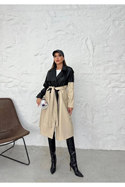 VESS MODA DÁMSKÝ DVOBAREVNÝ DLOUHÝ KOŽENÝ TRENČKOT S VÝSTRAŽNÝM PÁSKEM A VNITŘNÍ VÝSTRAŽNÍ VLOŽKOU