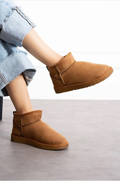 CARLA BELLA İçi Tüylü Düz Taban Kadın Ayakkabı Mini Taba Süet Yarım Bot