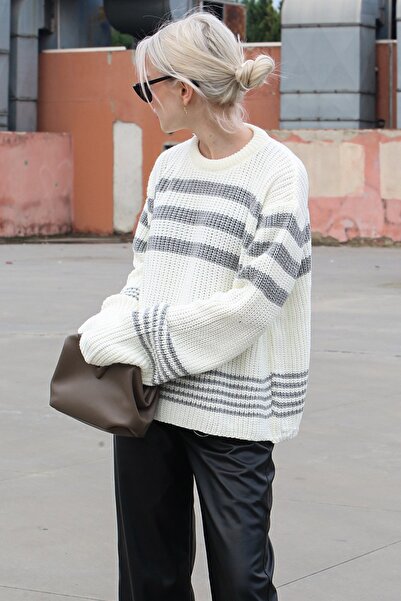 Madmext Bone Color Striped Knitwear Sweater Mg1585