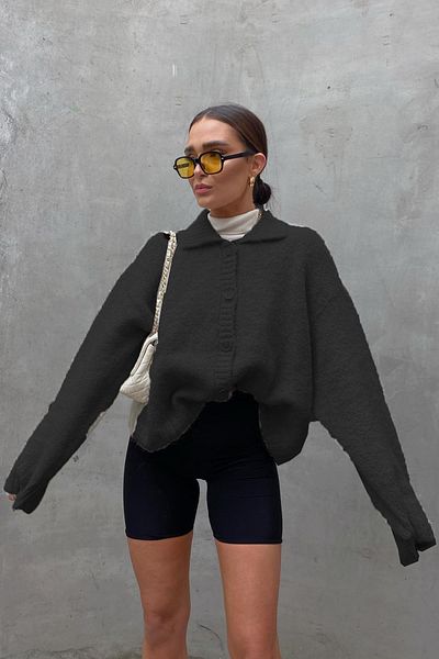 Madmext Schwarzer geknöpfter Strickpullover-Cardigan MG1957