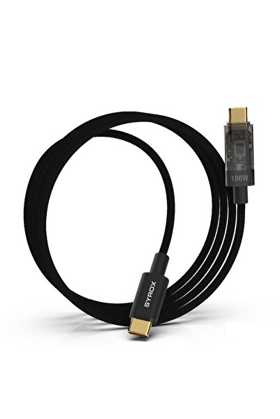Syrox C141TT 100W Digital Göstergeli Şeffaf Başlık Tasarim Hasir Type-C To Type-C Ultra Hızlı Şarj &