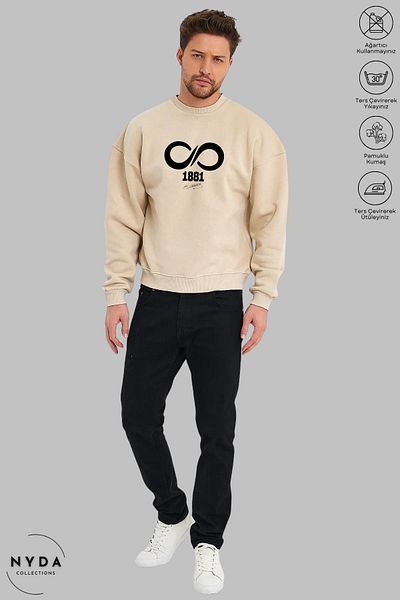 Nyda Collections Unisex μακρυμάνικο Ataturk 1881 Φούτερ με στάμπα με λαιμόκοψη χωρίς κουκούλα
