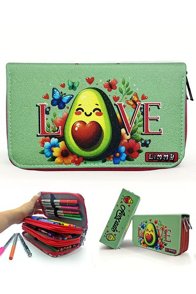 Limmy Red Avocado Love Kawai Organizer - Vegan Leather, Three Compartment Pen Holder