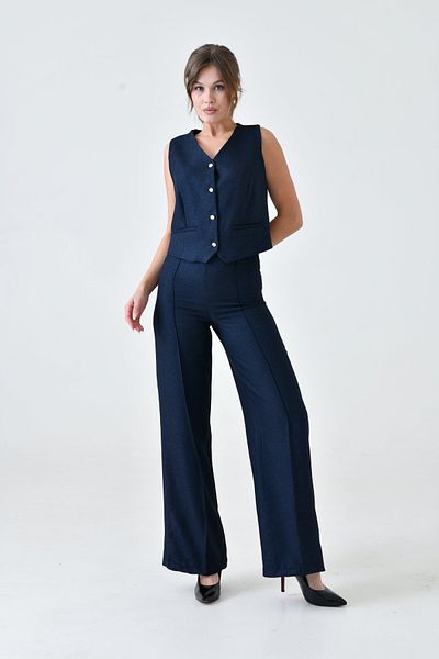 barış sülün lovebox Women's Wool Effect Lined Vest and Wide Leg Pants Double Navy Blue Suit 9111