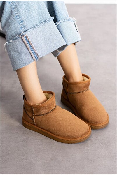 CARLA BELLA İçi Tüylü Düz Taban Kadın Ayakkabı Mini Taba Süet Yarım Bot